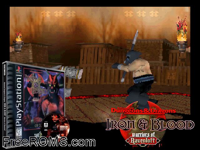 Iron and Blood - Warriors of Ravenloft PSX game showing 3D box cover and gameplay screenshot