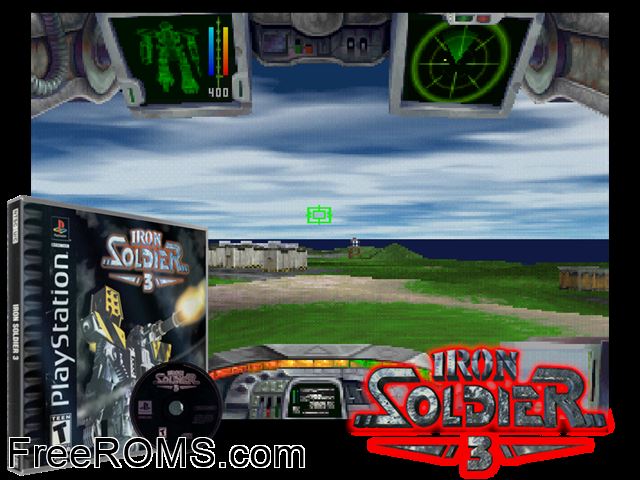 Iron Soldier 3 PSX game showing 3D box cover and gameplay screenshot