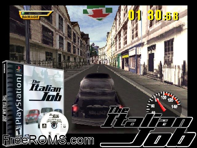 Italian Job, The PSX game showing 3D box cover and gameplay screenshot