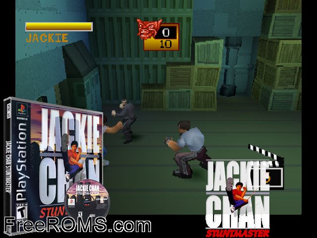 Jackie Chan Stuntmaster PSX game showing 3D box cover and gameplay screenshot