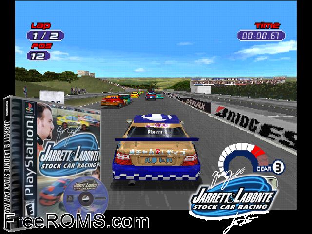 Jarrett and Labonte Stock Car Racing PSX game showing 3D box cover and gameplay screenshot