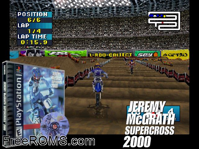 Jeremy McGrath SuperCross 2000 PSX game showing 3D box cover and gameplay screenshot