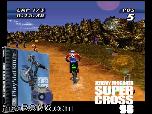 Jeremy McGrath SuperCross '98 PSX game showing 3D box cover and gameplay screenshot
