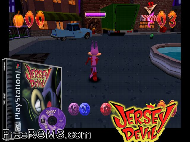 Jersey Devil PSX game showing 3D box cover and gameplay screenshot