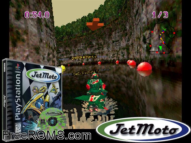 Jet Moto PSX game showing 3D box cover and gameplay screenshot