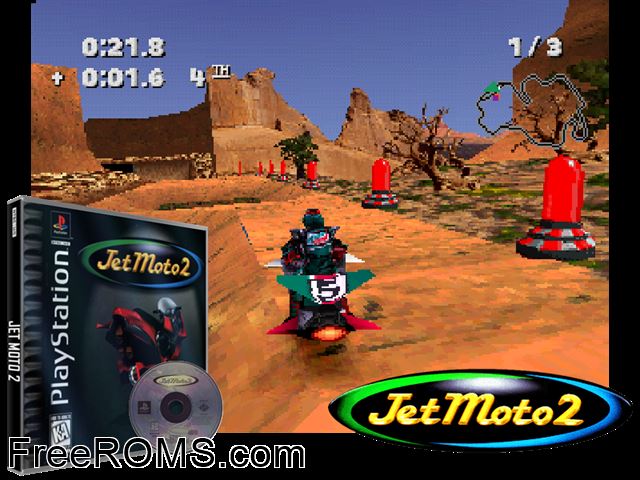 Jet Moto 2 PSX game showing 3D box cover and gameplay screenshot