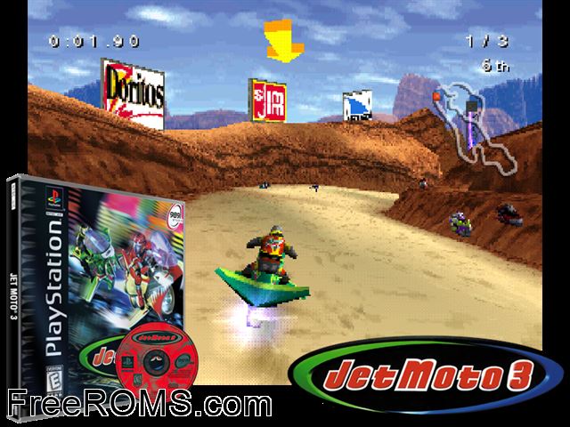 Jet Moto 3 PSX game showing 3D box cover and gameplay screenshot
