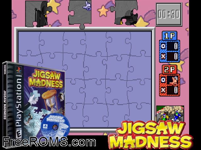 Jigsaw Madness PSX game showing 3D box cover and gameplay screenshot