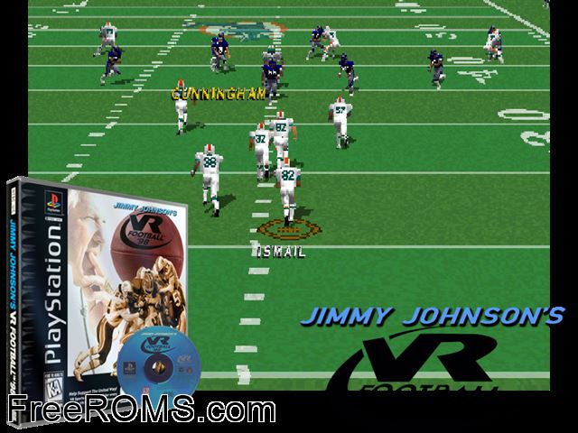 Jimmy Johnsons VR Football 98 PSX game showing 3D box cover and gameplay screenshot