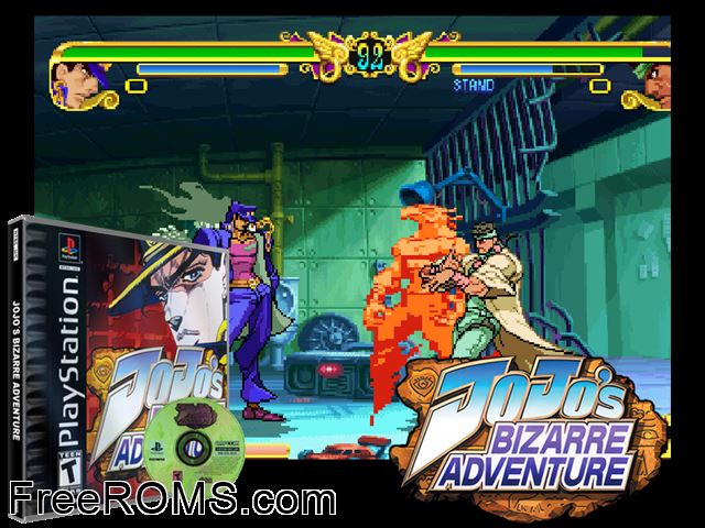 JoJos Bizarre Adventure PSX game showing 3D box cover and gameplay screenshot
