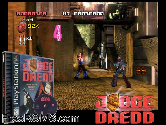 Judge Dredd PSX game showing 3D box cover and gameplay screenshot