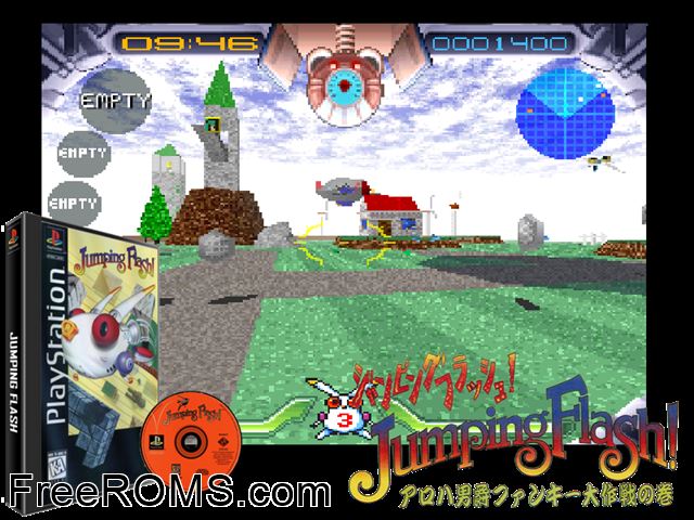 Jumping Flash! PSX game showing 3D box cover and gameplay screenshot