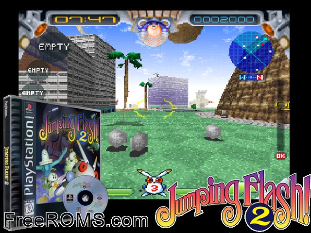 Jumping Flash! 2 PSX game showing 3D box cover and gameplay screenshot