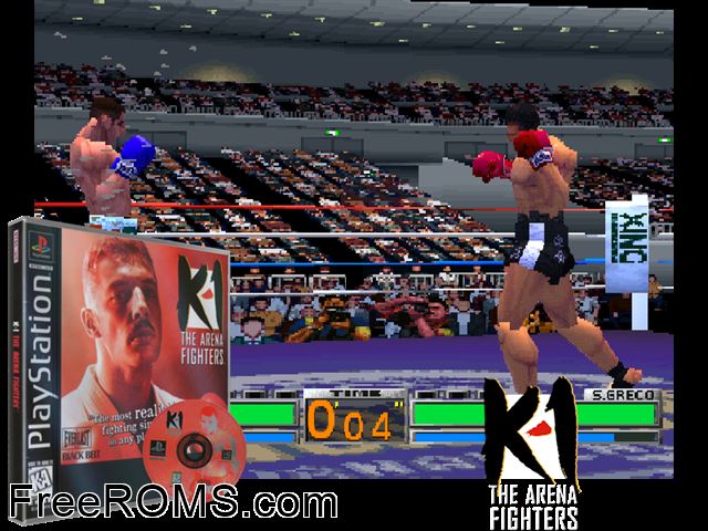 K-1 - The Arena Fighters - In the Red Corner PSX game showing 3D box cover and gameplay screenshot