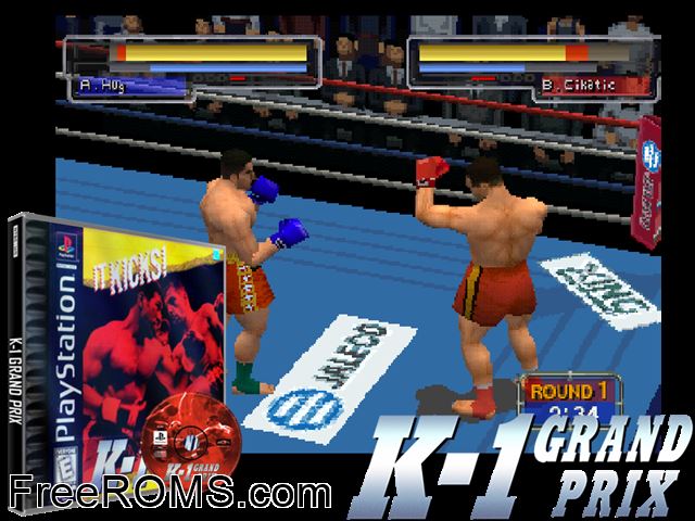K-1 Grand Prix PSX game showing 3D box cover and gameplay screenshot