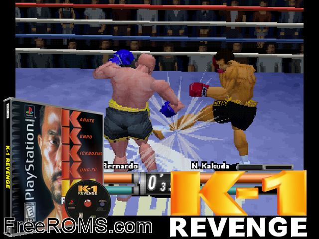 K-1 Revenge PSX game showing 3D box cover and gameplay screenshot
