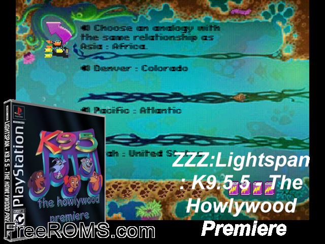 K9.5 5 - The Howlywood Premiere PSX game showing 3D box cover and gameplay screenshot