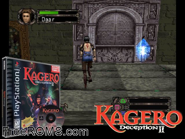 Kagero - Deception II PSX game showing 3D box cover and gameplay screenshot