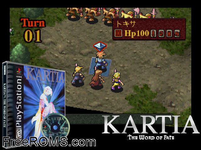 Kartia - The Word Of Fate PSX game showing 3D box cover and gameplay screenshot