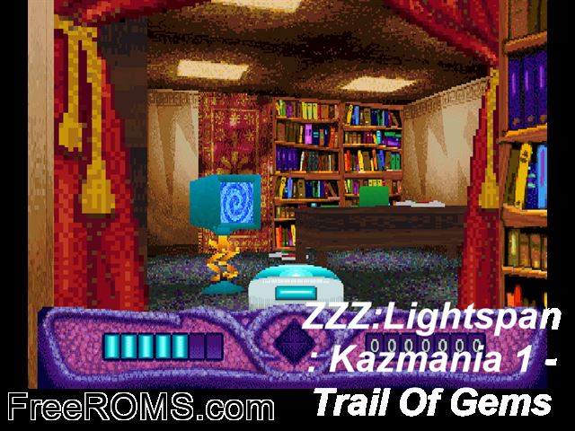 Kazmania 1 - Trail Of Gems PSX game showing 3D box cover and gameplay screenshot