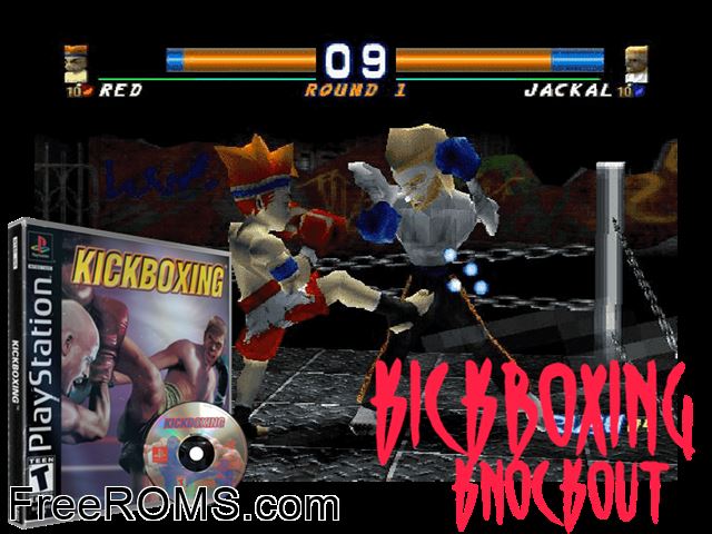 Kickboxing PSX game showing 3D box cover and gameplay screenshot