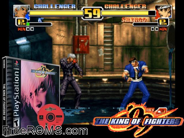 King Of Fighters, The 99 PSX game showing 3D box cover and gameplay screenshot