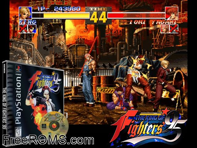 King of Fighters '95 PSX game showing 3D box cover and gameplay screenshot