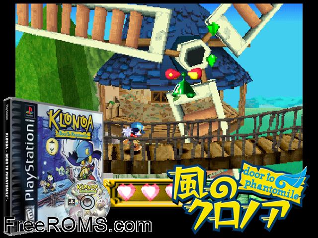 Klonoa - Door To Phantomile PSX game showing 3D box cover and gameplay screenshot