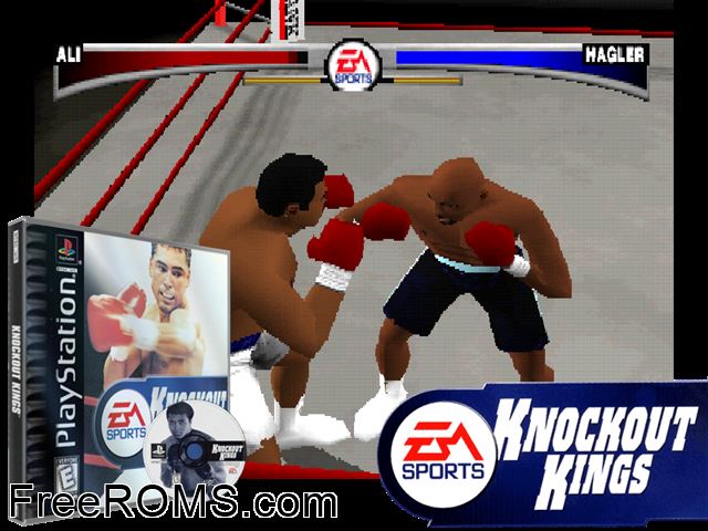 Knockout Kings PSX game showing 3D box cover and gameplay screenshot