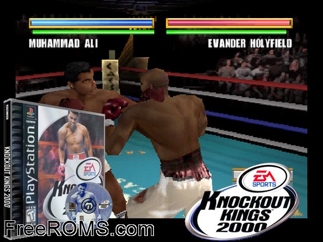 Knockout Kings 2000 PSX game showing 3D box cover and gameplay screenshot