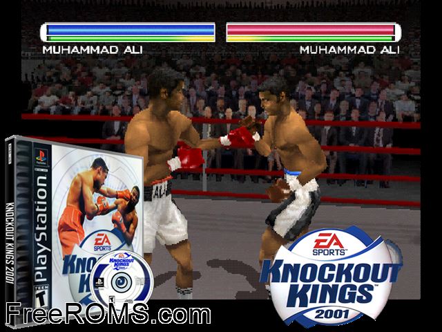 Knockout Kings 2001 PSX game showing 3D box cover and gameplay screenshot
