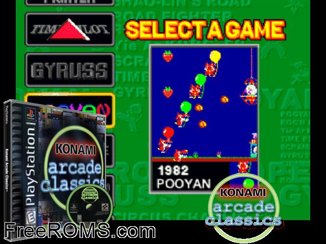 Konami Arcade Classics PSX game showing 3D box cover and gameplay screenshot