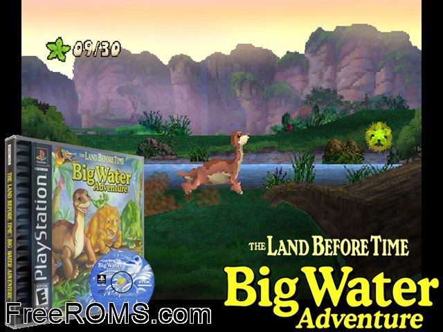 Land Before Time - Big Water Adventure PSX game showing 3D box cover and gameplay screenshot
