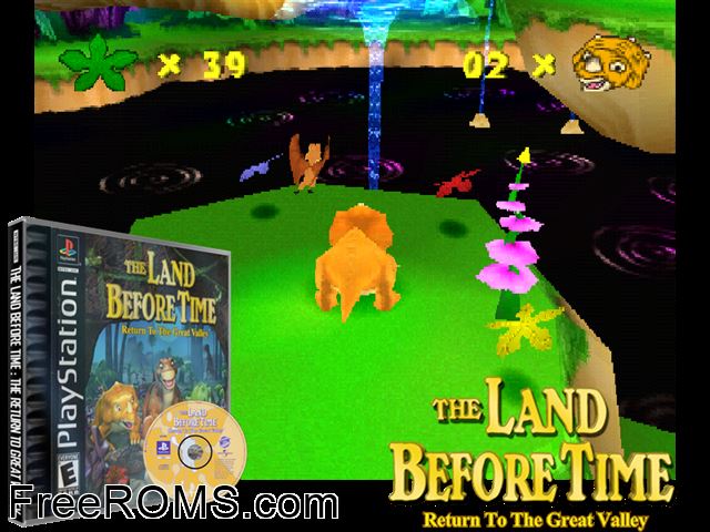 Land Before Time - Return to the Great Valley PSX game showing 3D box cover and gameplay screenshot
