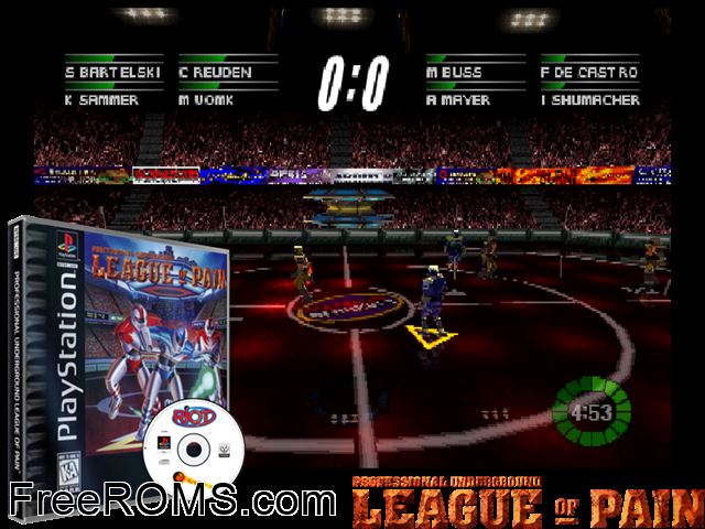 League of Pain - Professional Underground PSX game showing 3D box cover and gameplay screenshot