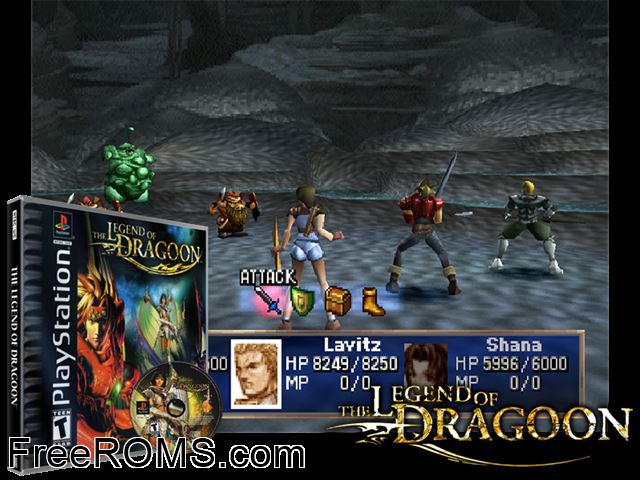 Legend Of Dragoon, The (Disc 3) PSX game showing 3D box cover and gameplay screenshot