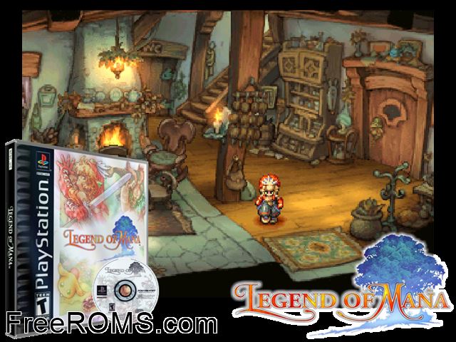 Legend Of Mana PSX game showing 3D box cover and gameplay screenshot