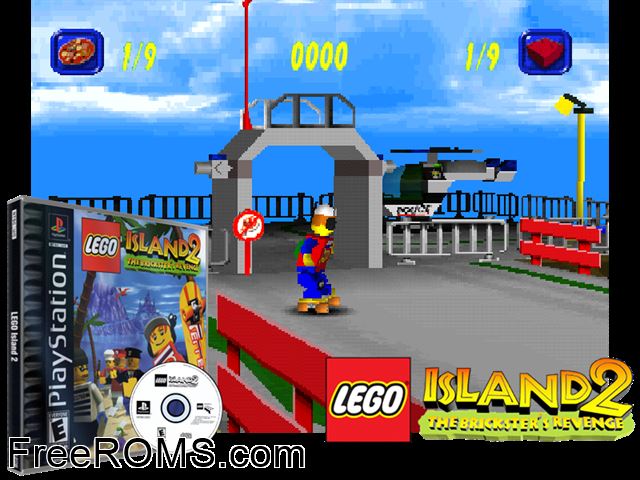 Lego Island 2 PSX game showing 3D box cover and gameplay screenshot