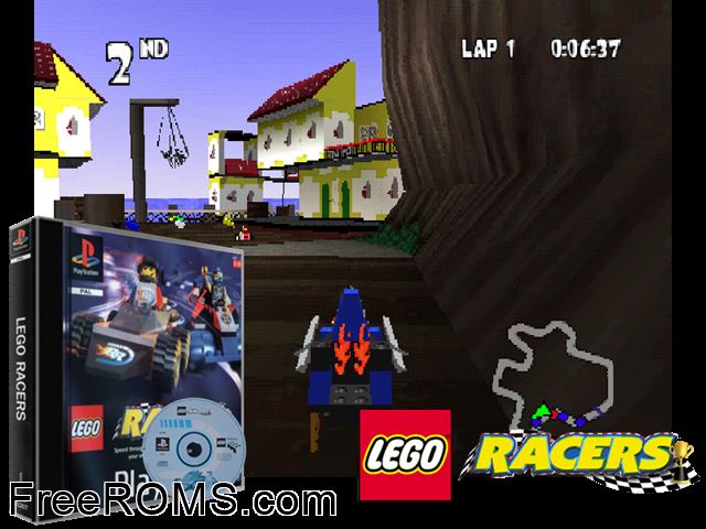 Lego Racers PSX game showing 3D box cover and gameplay screenshot