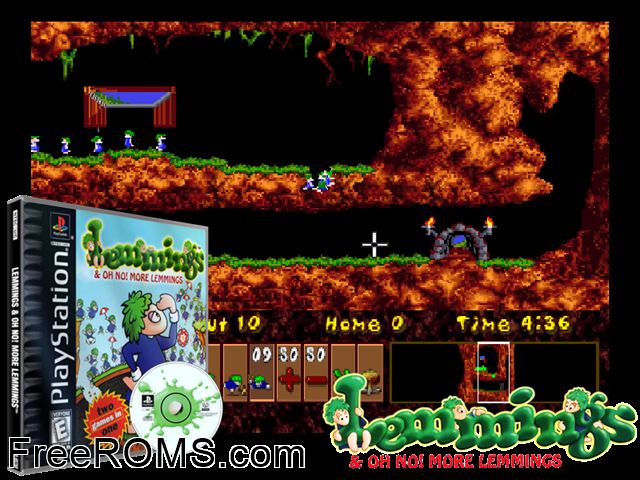 Lemmings and Oh No! More Lemmings PSX game showing 3D box cover and gameplay screenshot