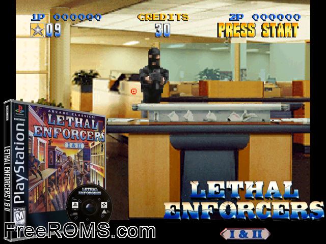 Lethal Enforcers I and II PSX game showing 3D box cover and gameplay screenshot