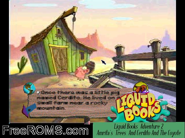Liquid Books Adventure 2 - Amritas Trees And Cerdito And The Coyote PSX game showing 3D box cover and gameplay screenshot