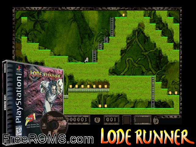 Lode Runner PSX game showing 3D box cover and gameplay screenshot