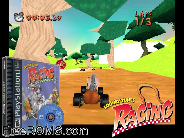 Looney Tunes Racing PSX game showing 3D box cover and gameplay screenshot
