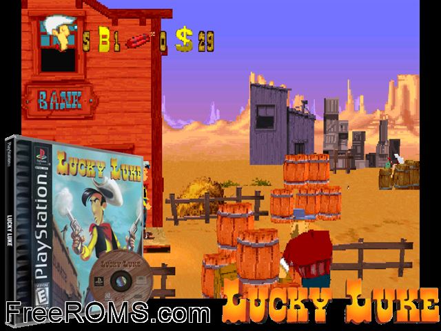 Lucky Luke PSX game showing 3D box cover and gameplay screenshot