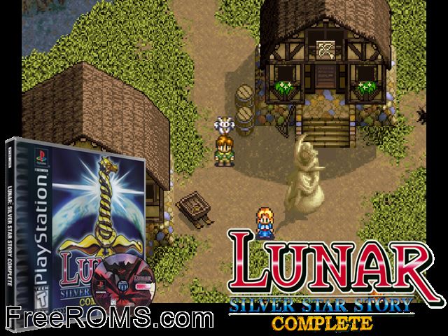 Lunar - Silver Star Story Complete (Disc 2) PSX game showing 3D box cover and gameplay screenshot