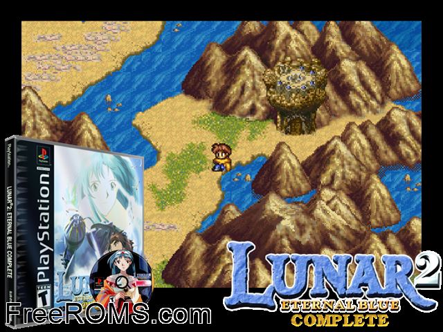 Lunar 2 - Eternal Blue Complete (Disc 2) PSX game showing 3D box cover and gameplay screenshot