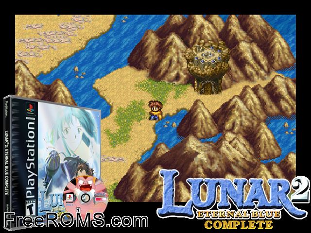 Lunar 2 - Eternal Blue Complete (Disc 3) PSX game showing 3D box cover and gameplay screenshot