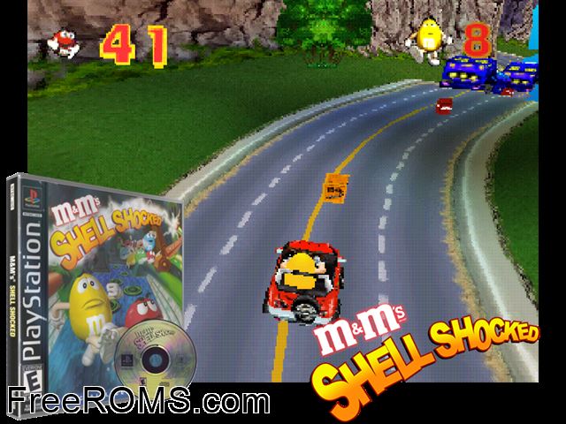 MandM Shell Shocked PSX game showing 3D box cover and gameplay screenshot