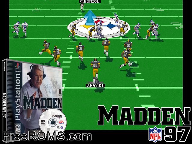 Madden 97 PSX game showing 3D box cover and gameplay screenshot